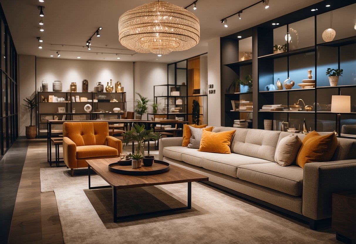 A modern furniture shop with sleek display shelves and cozy seating areas. Bright lighting highlights the elegant pieces on sale