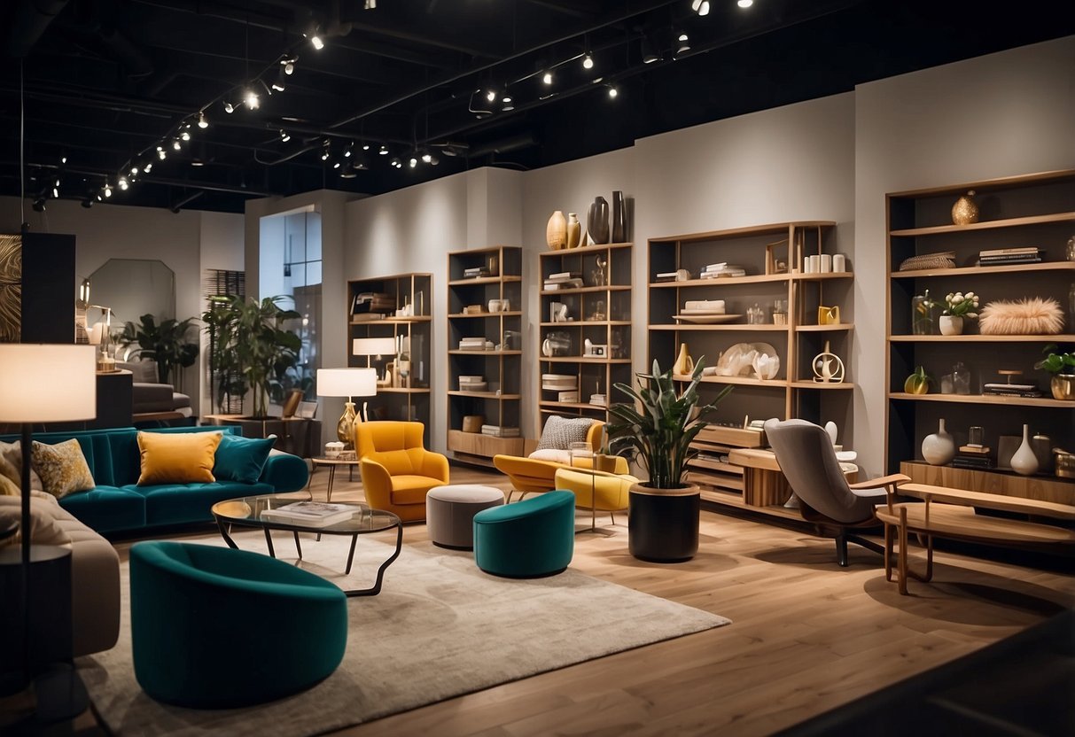 Customers browse Ion Furniture Shop's modern collections, admiring sleek designs and vibrant colors. Shelves are lined with stylish decor and furnishings, creating an inviting atmosphere