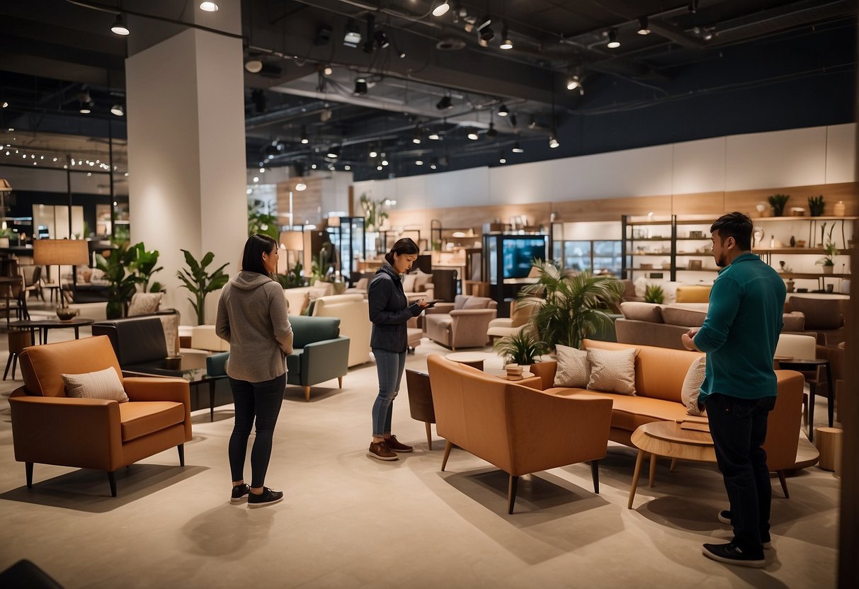 Customers browse furniture, receiving assistance from staff. A cozy atmosphere with comfortable seating and well-organized displays