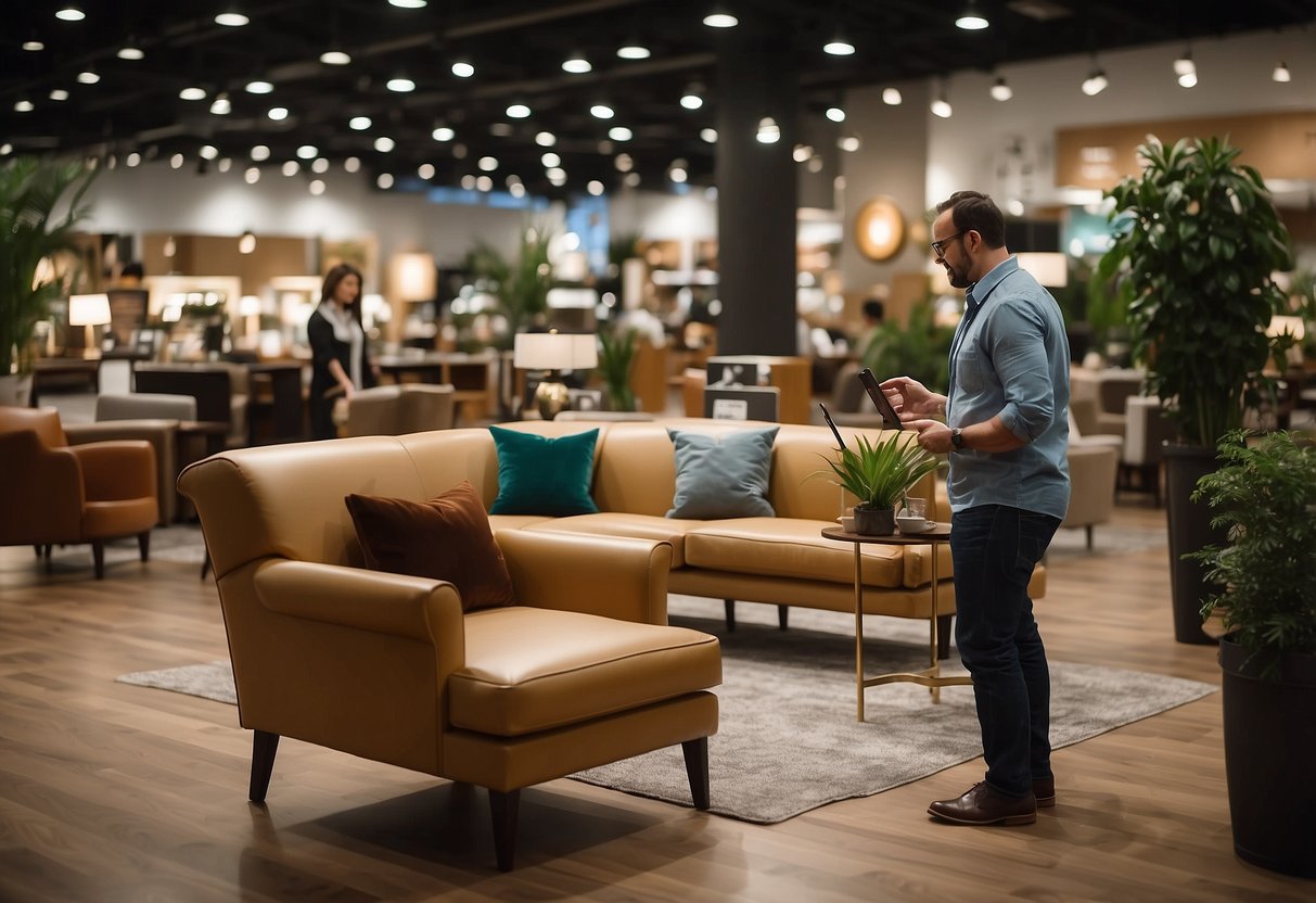 Customers browsing furniture displays, staff assisting, signage with FAQs, and a welcoming atmosphere