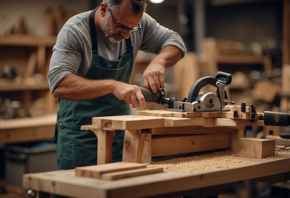 A carpenter constructs a wooden chair in a workshop. Saws, hammers, and measuring tools are scattered on the workbench. Sawdust fills the air