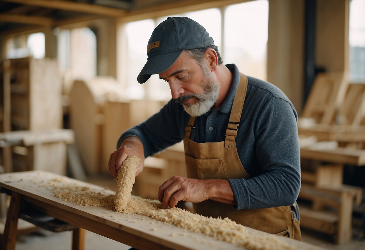 A carpenter constructs a sturdy wooden chair using traditional tools and techniques. Sawdust fills the air as he carefully shapes and assembles the pieces