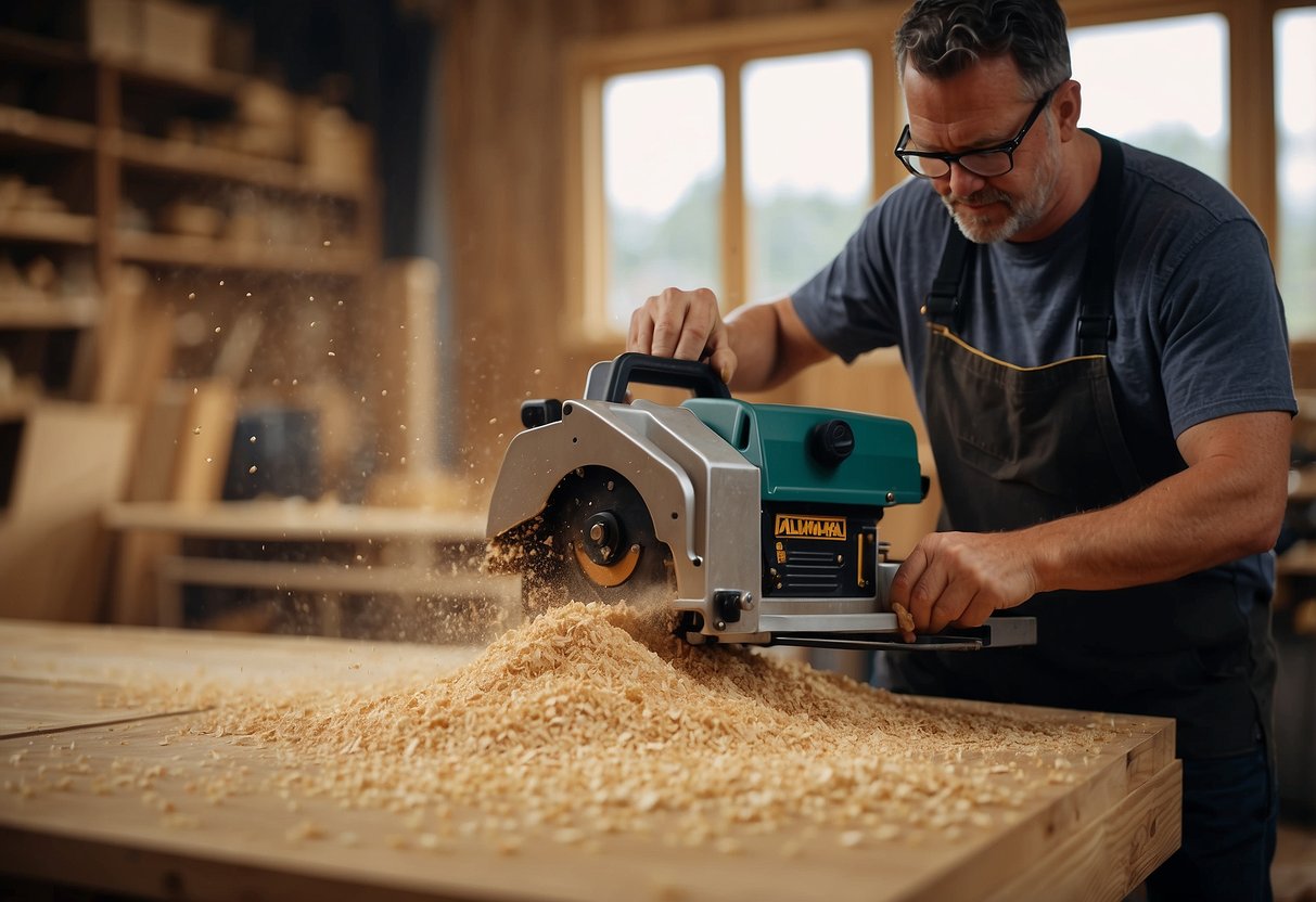 Sawdust fills the air as tools buzz and clink in the workshop. Wood shavings litter the floor, while a table saw cuts through a large plank