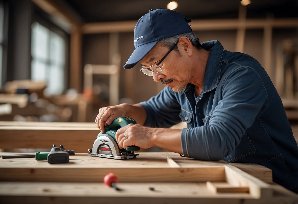 A carpenter assembling Keng Yong furniture with precision tools and detailed instructions
