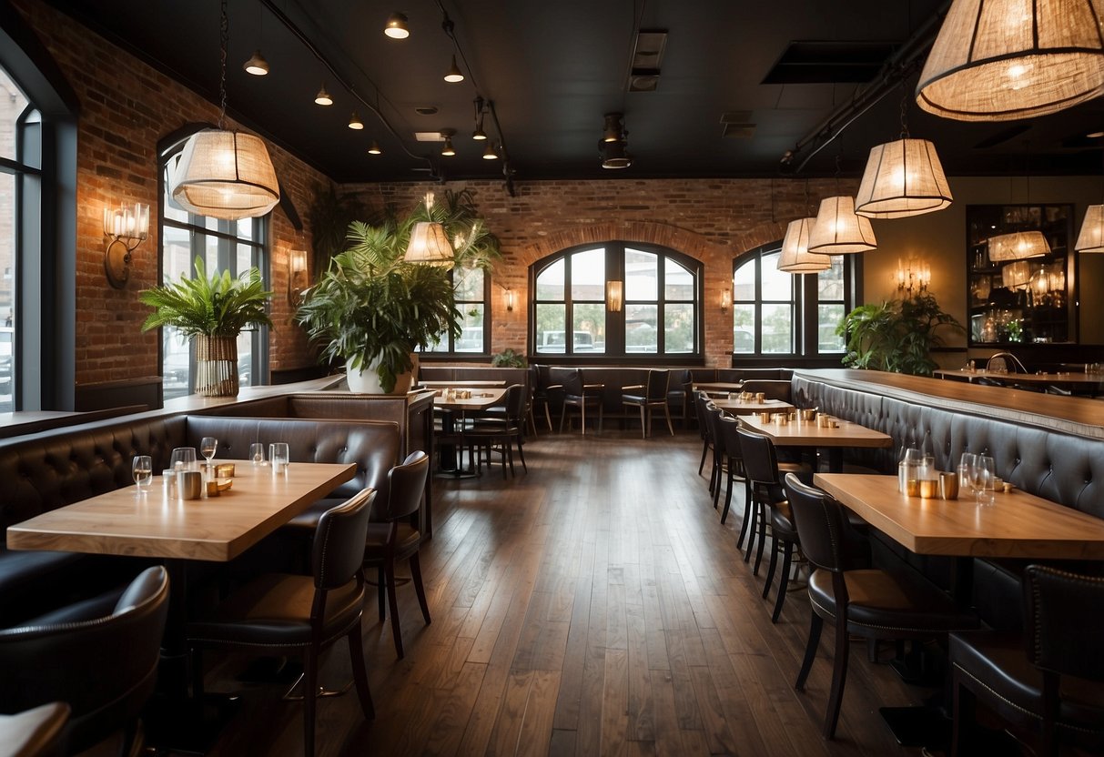 The restaurant is filled with tables, chairs, booths, and a bar. There are hanging pendant lights, wall sconces, and a large chandelier. The space also includes decorative plants, artwork, and a hostess stand