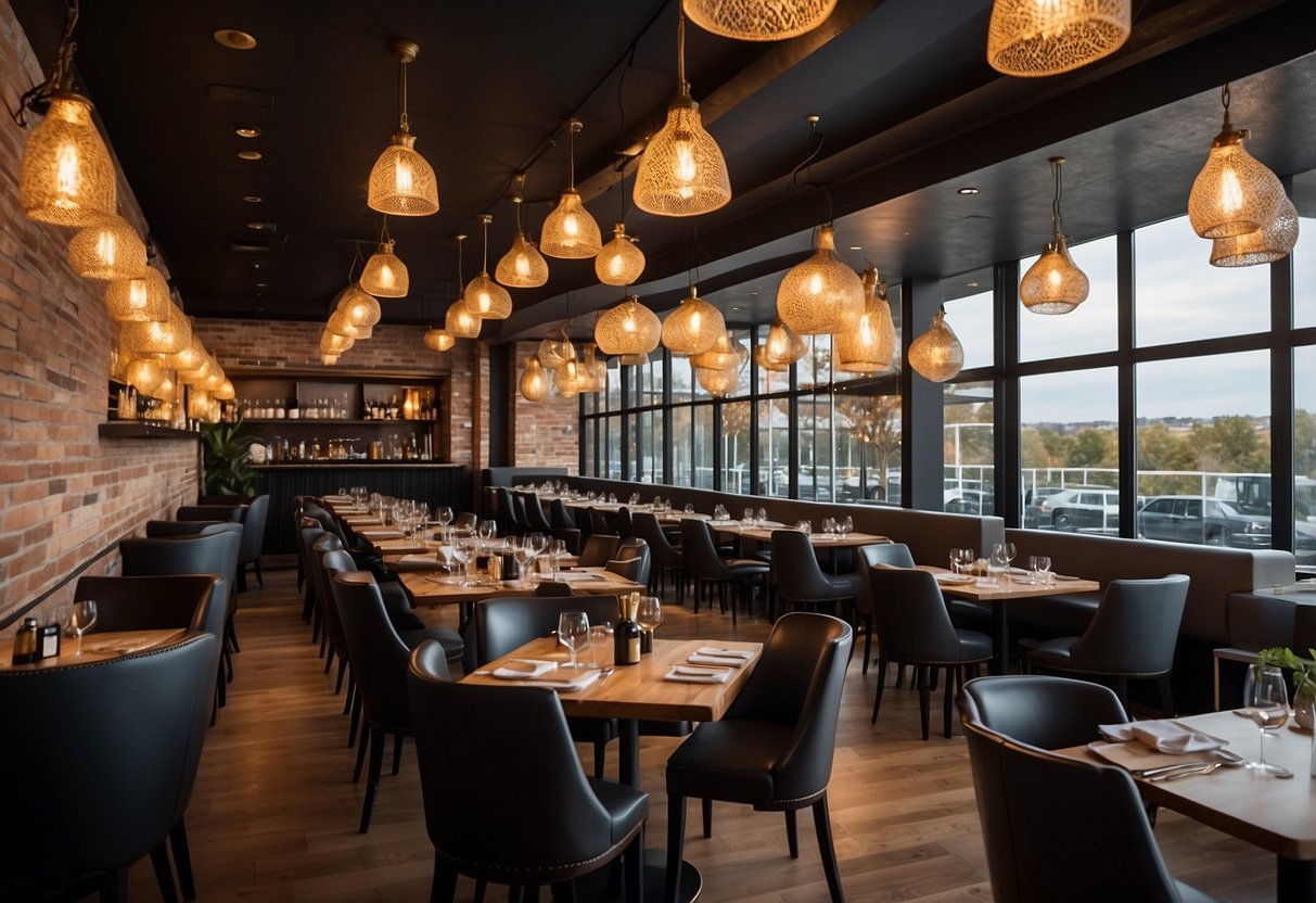 The restaurant is adorned with sleek tables, comfortable chairs, and stylish light fixtures, creating a warm and inviting ambiance for diners