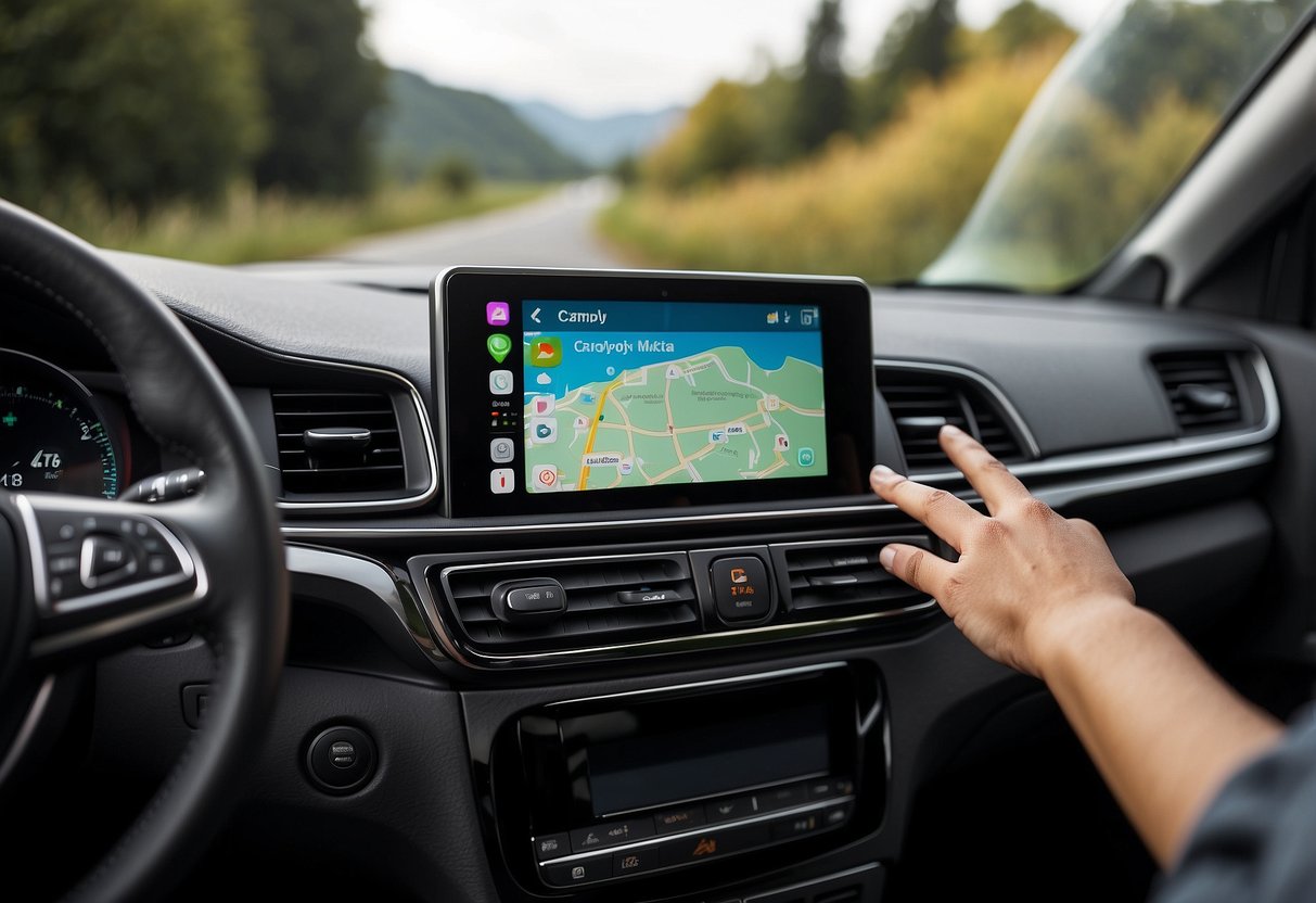 A hand reaches for the car's infotainment system. The screen displays the Apple CarPlay interface with app icons and navigation options