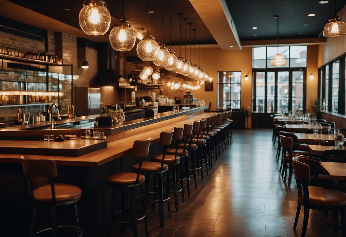A restaurant interior with tables, chairs, bar stools, lighting fixtures, kitchen equipment, and decorative accessories