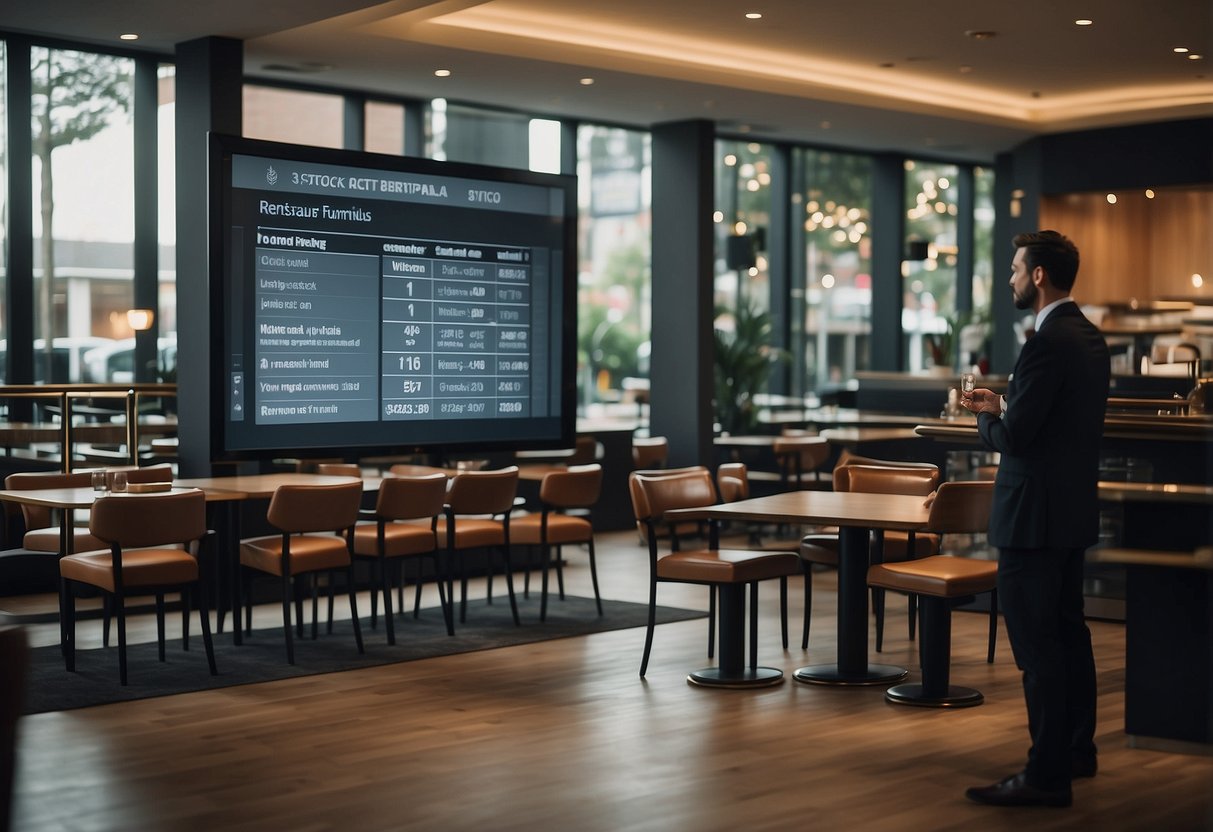 A list of restaurant furniture and fixtures being frequently asked about, displayed on a digital screen with a customer service representative nearby
