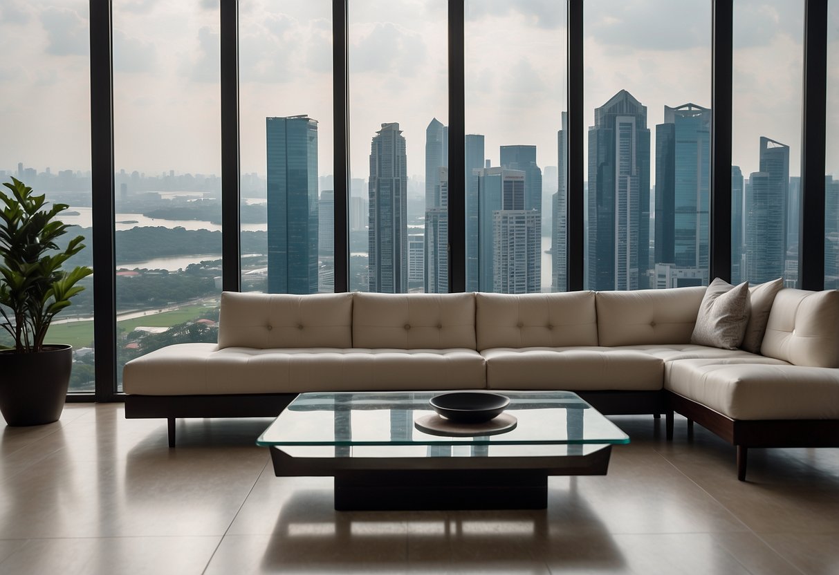 A sleek mid-century modern sofa and coffee table in a minimalist living room, with floor-to-ceiling windows overlooking the city skyline of Singapore