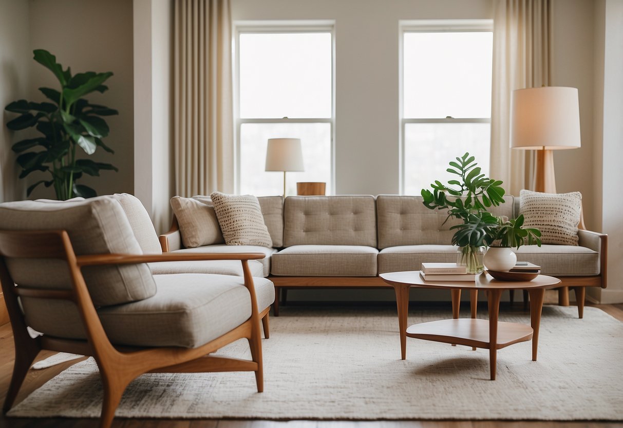 A living room with sleek, clean-lined furniture, tapered legs, and organic shapes. Neutral colors, wood accents, and geometric patterns create a timeless mid-century modern aesthetic