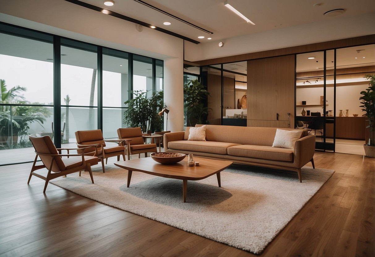 A sleek, minimalist showroom in Singapore showcases mid-century modern furniture, featuring clean lines, organic shapes, and warm wood tones