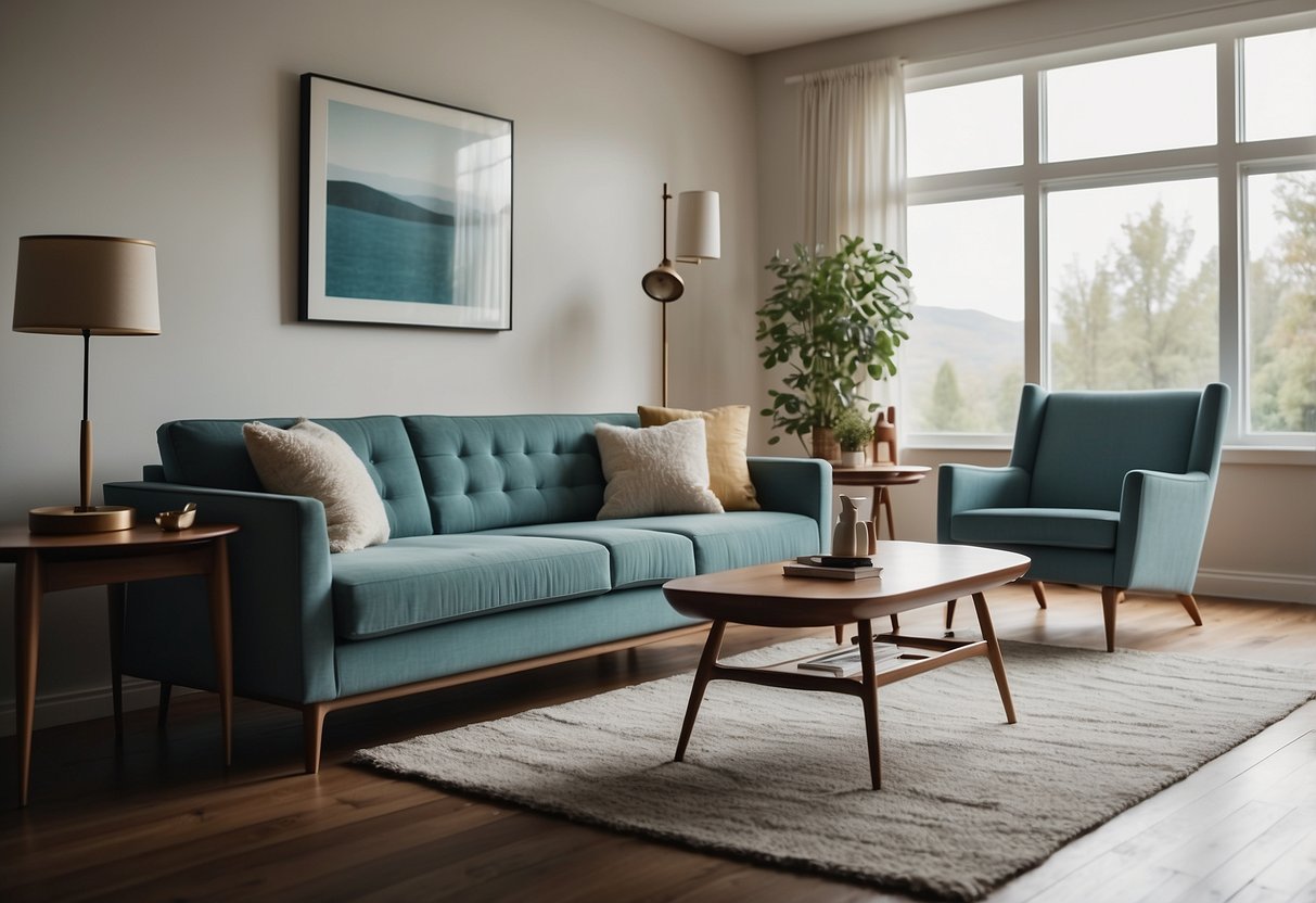 A clean, minimalist living room with mid century modern furniture. A sleek sofa, a stylish coffee table, and a retro armchair create a timeless and elegant space