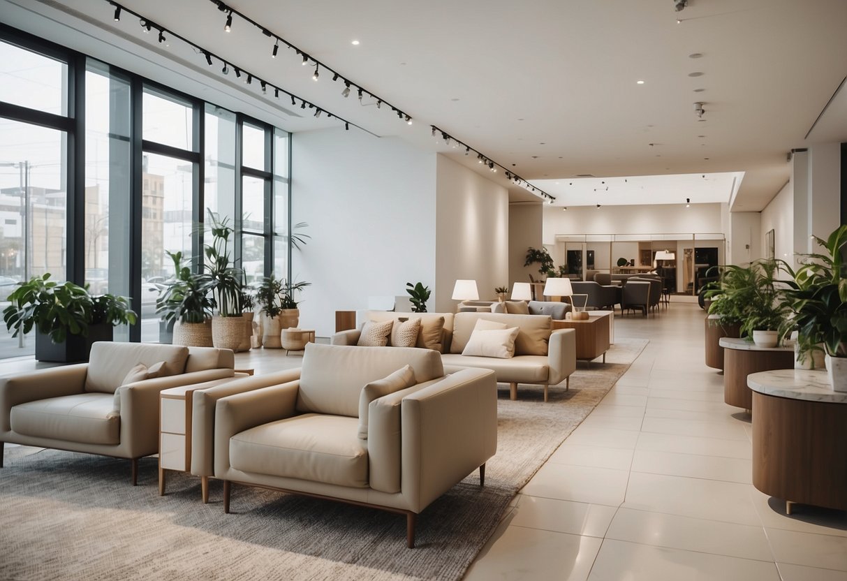 A spacious, well-lit showroom with sleek, minimalist furniture displays and clean lines. Bright, neutral colors and open layouts create a contemporary feel