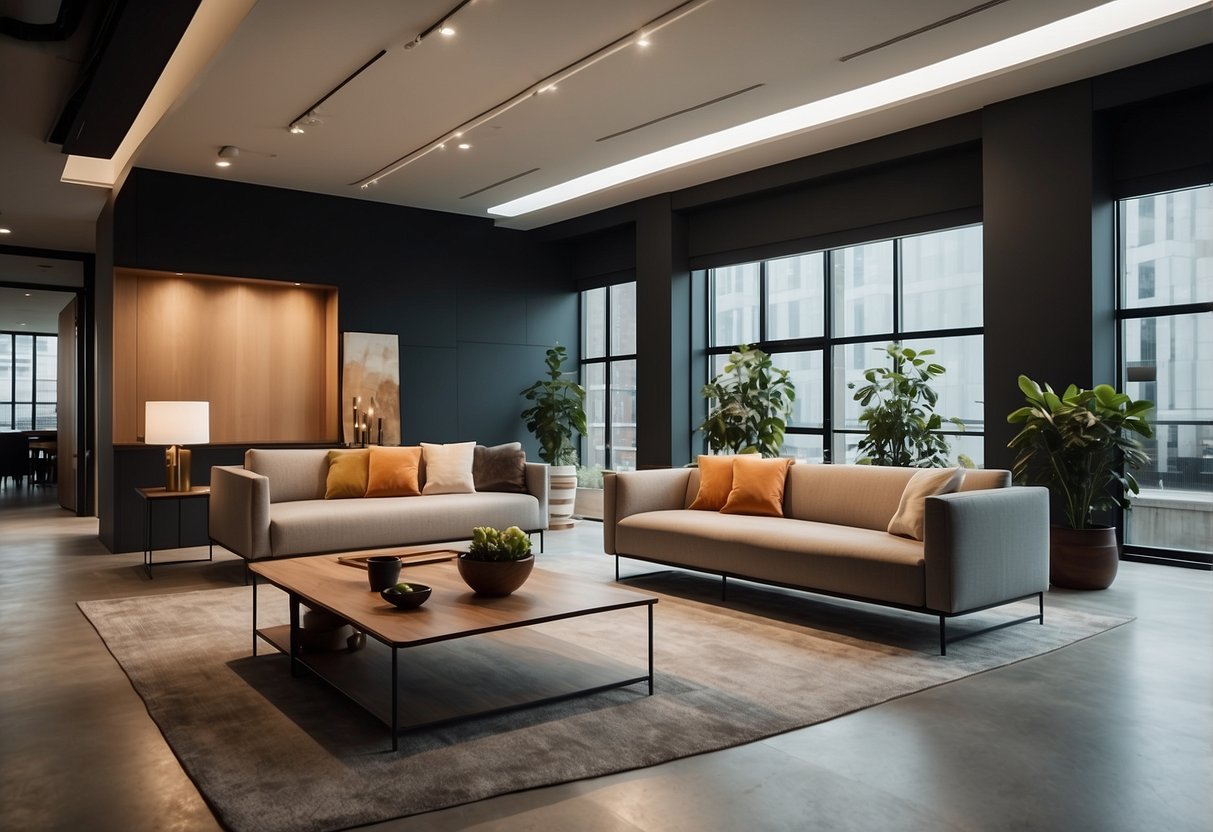 A sleek, minimalist showroom with clean lines, bold colors, and artistic lighting. Displayed furniture includes angular sofas, geometric coffee tables, and abstract wall art