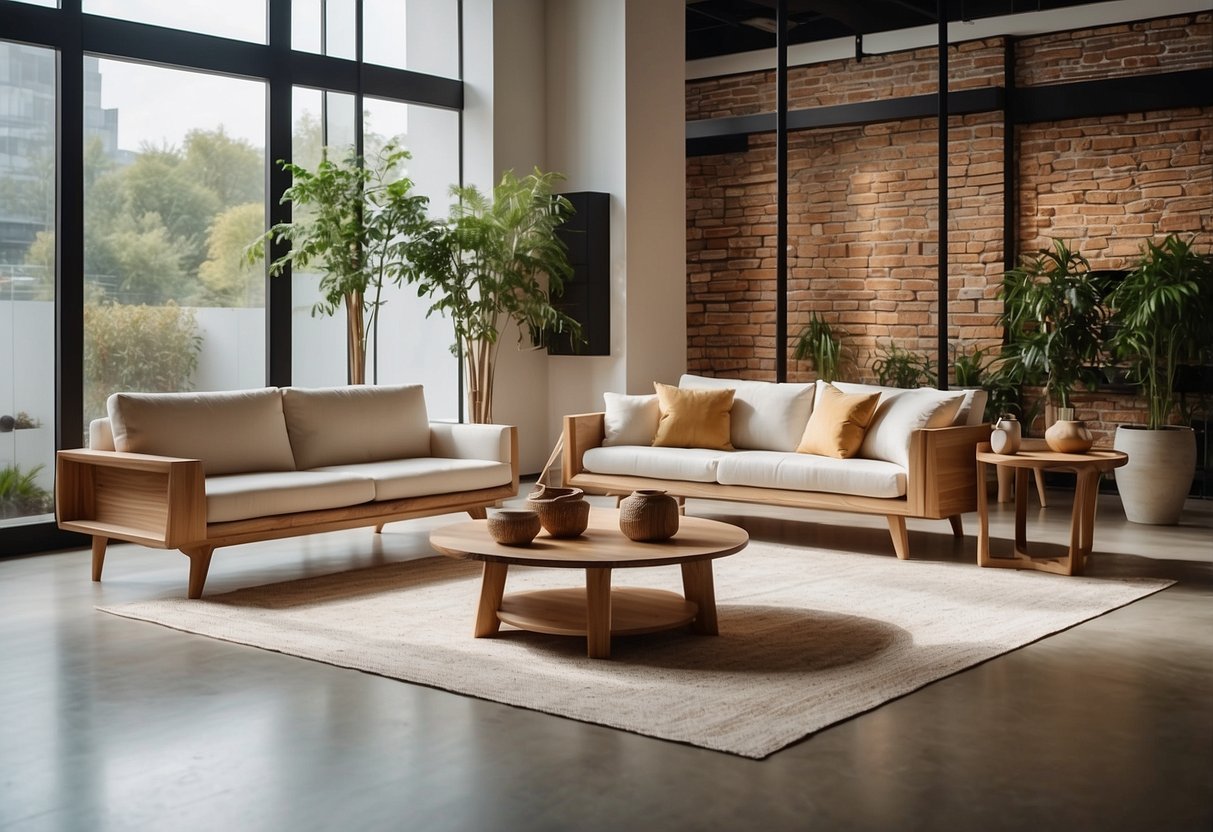 A spacious, well-lit showroom with sleek, eco-friendly furniture and handcrafted wooden pieces. Clean lines and natural materials create a serene, modern atmosphere