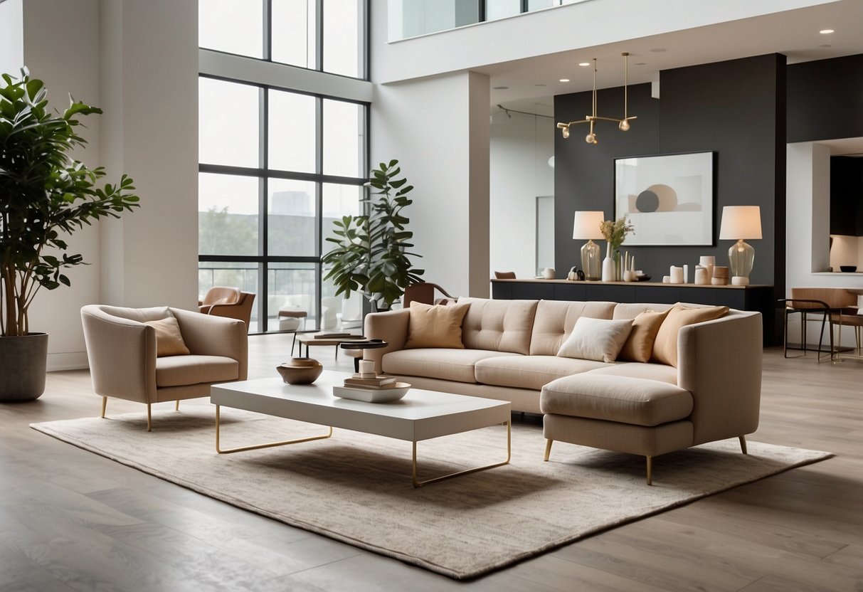A sleek, minimalist furniture showroom with clean lines and a neutral color palette. Modern pieces are displayed in well-lit, spacious areas, with a prominent "Frequently Asked Questions" section