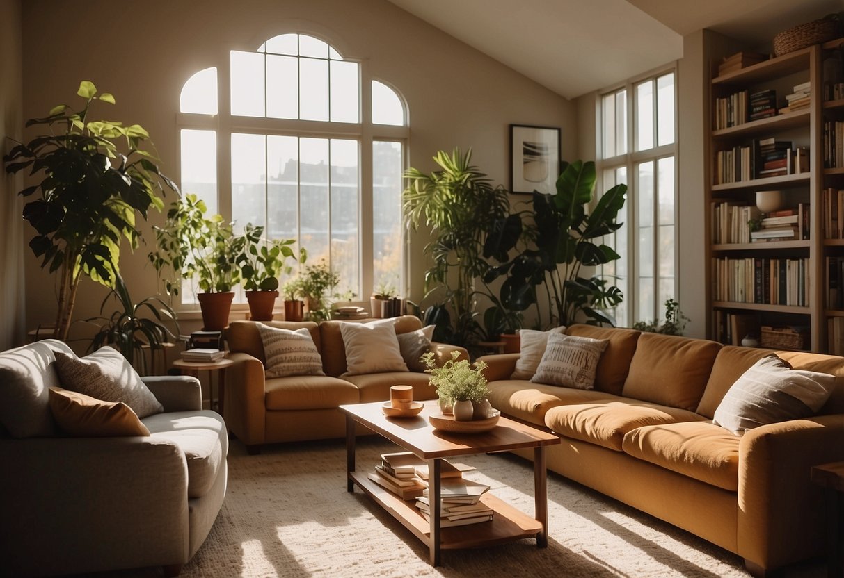 A cozy living room with a warm color palette, comfortable sofas, and a coffee table filled with books and plants. Sunlight streams in through the window, casting a soft glow on the inviting space