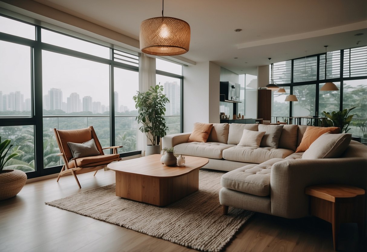 A cozy living room with modern, eco-friendly furniture in Yishun, featuring sustainable materials and a peaceful, inviting atmosphere