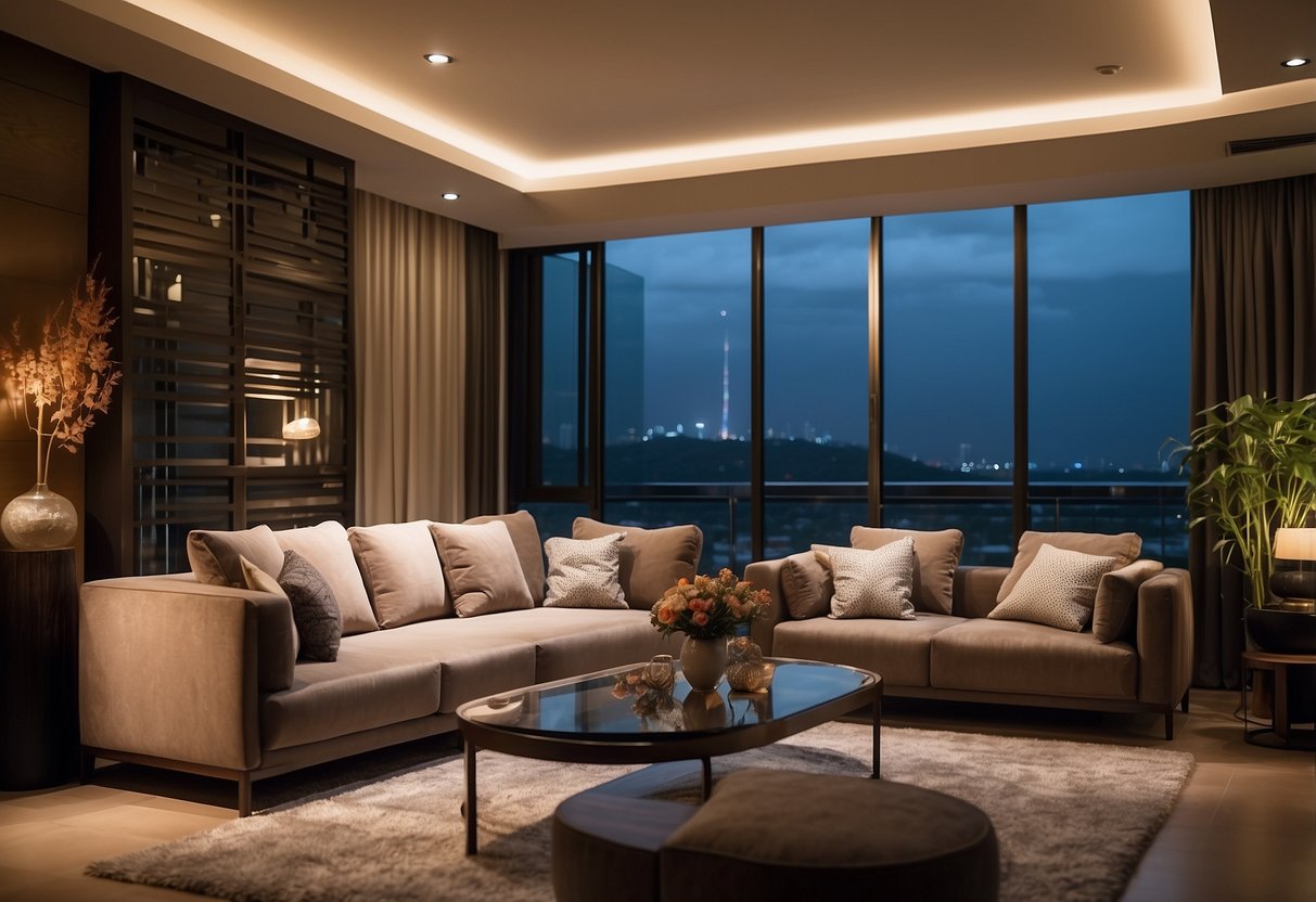 Cozy living room with plush sofas, warm lighting, and decorative accents in Yishun