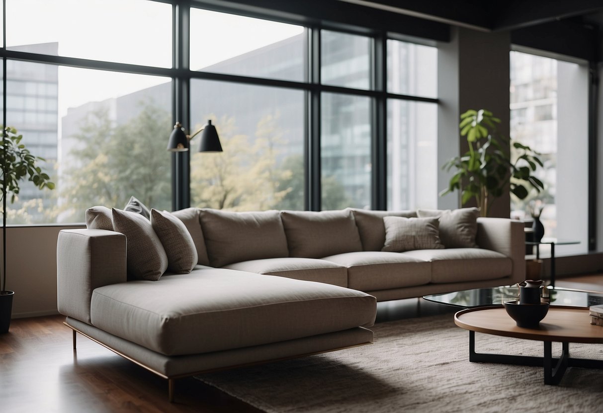 A sleek, modern sofa and coffee table sit in a well-lit living room, surrounded by minimalist decor and large windows