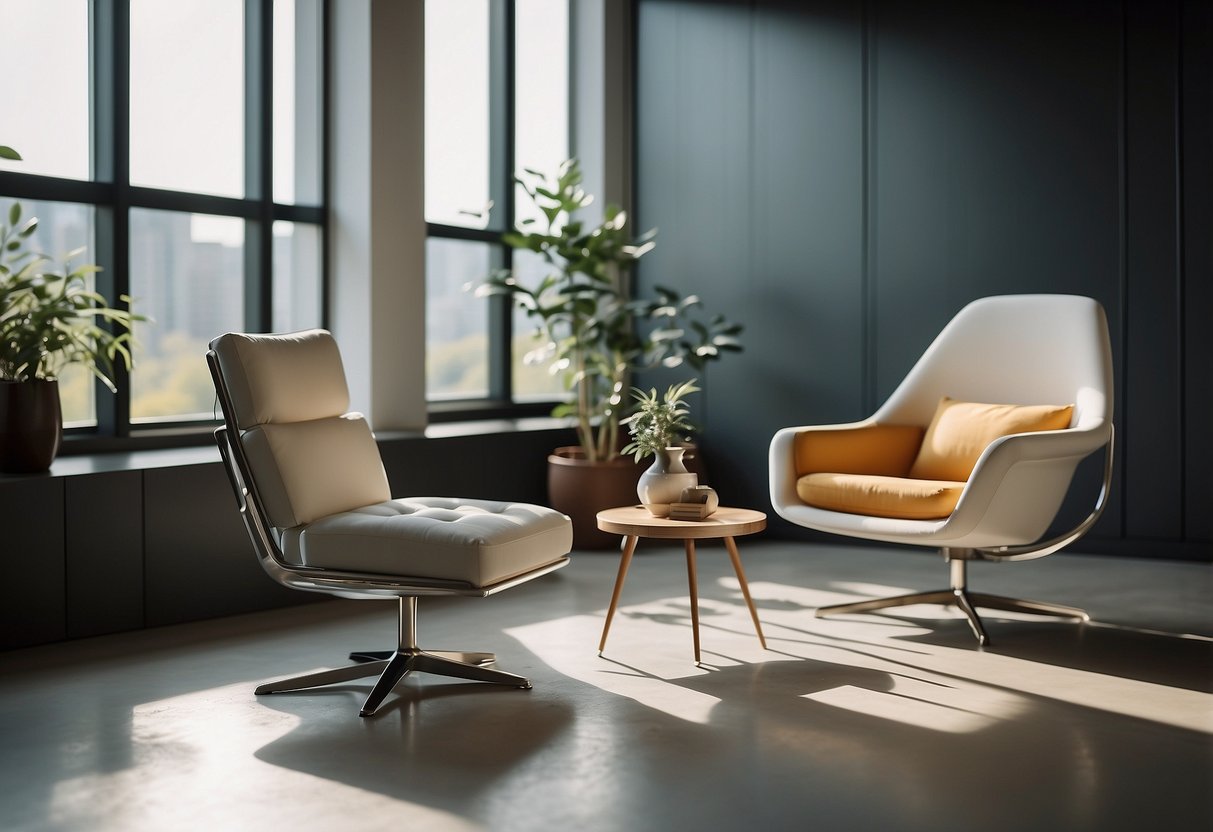 A sleek, minimalist chair with adjustable features stands in a sunlit room, surrounded by modern, geometrically shaped furniture pieces