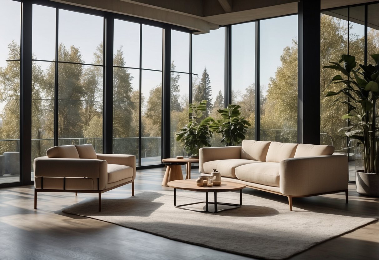 Sleek, minimalist furniture with clean lines and muted color palettes. Incorporate sustainable materials and modular designs for versatile use