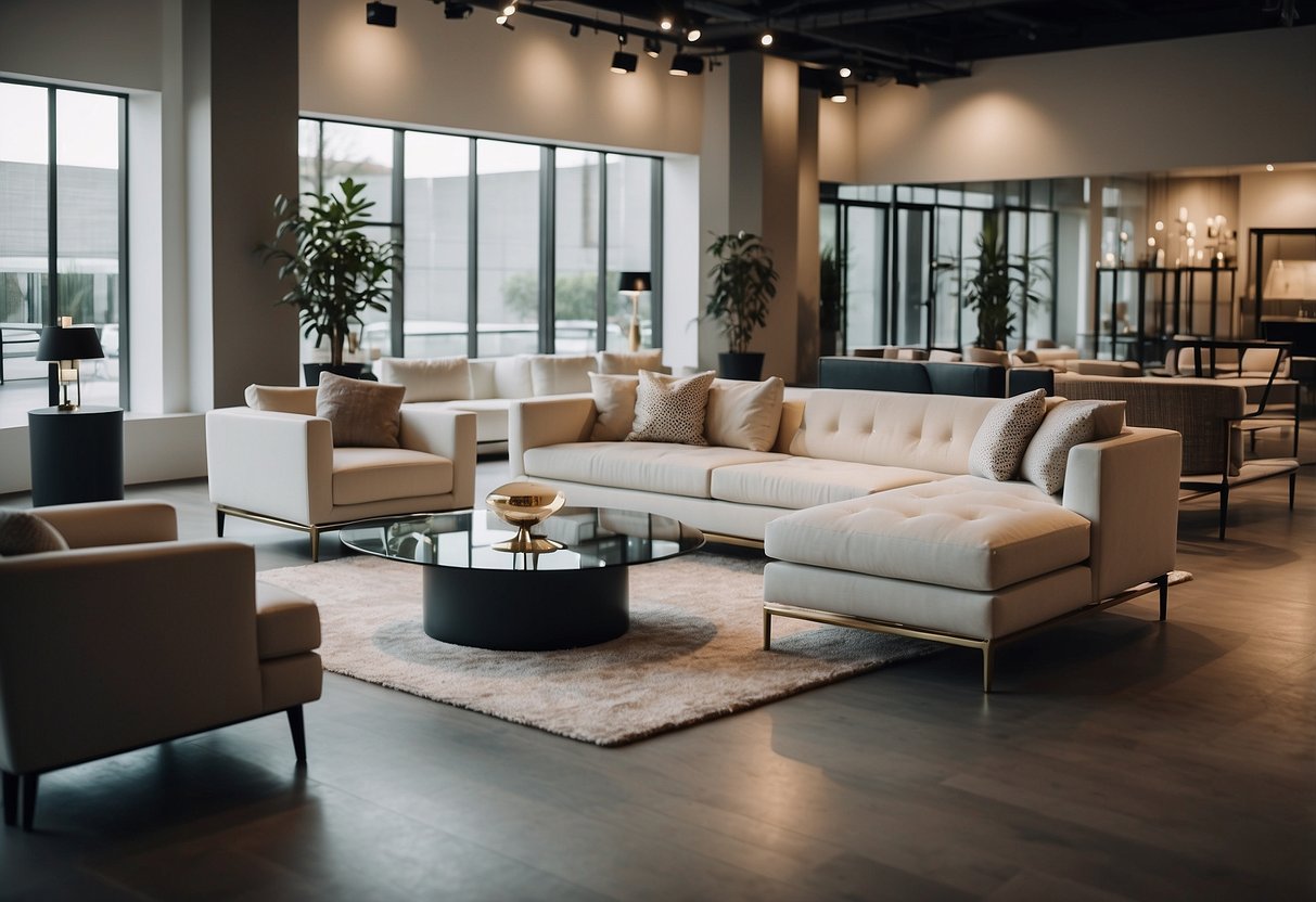 A sleek, modern furniture showroom with clean lines and minimalistic decor. Price tags are prominently displayed on each piece