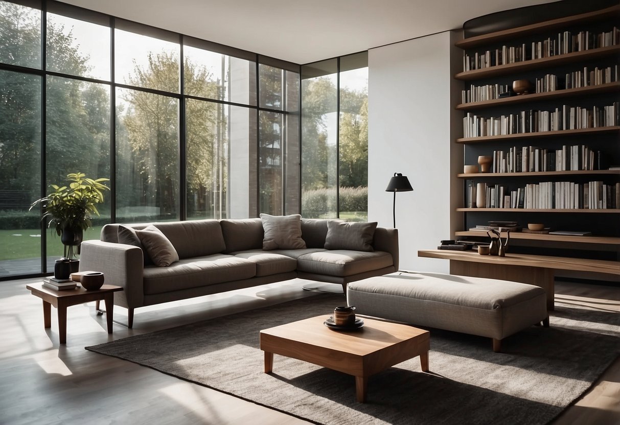 A modern living room with a sleek, minimalistic sofa and coffee table. A bookshelf filled with design books and a large window letting in natural light