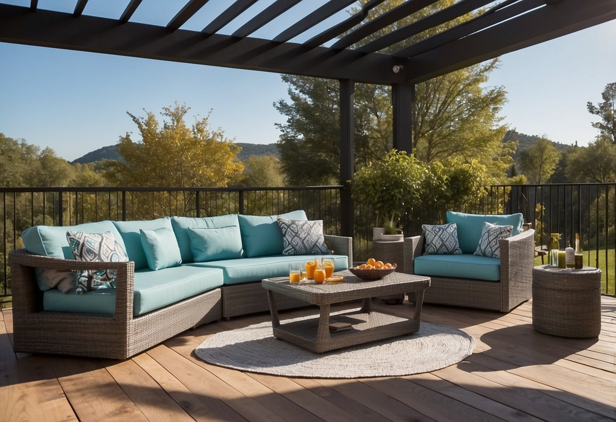 A sunny patio with modern outdoor furniture sets displayed. Bright cushions and sleek designs showcase Ohmm's collection