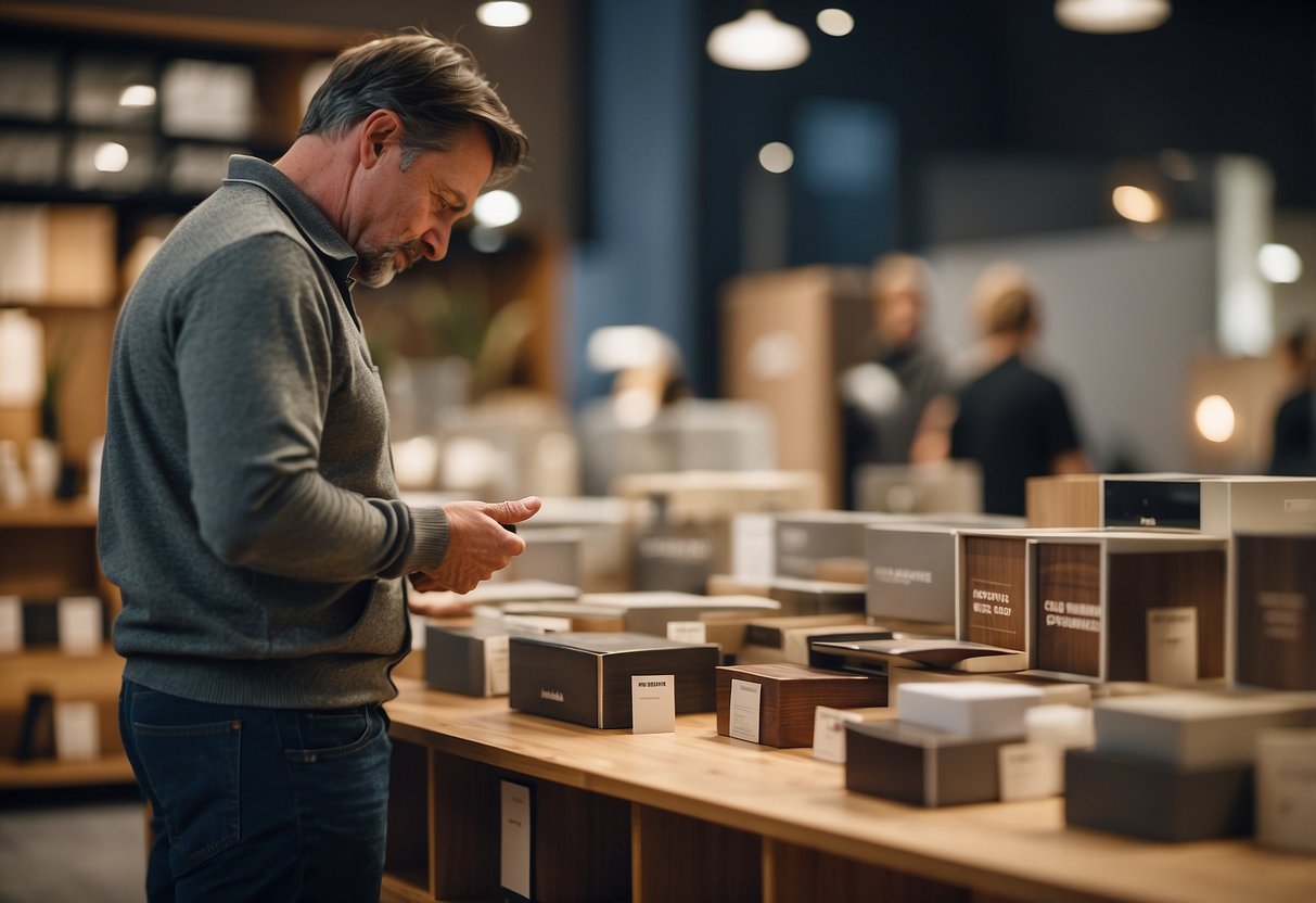 A customer selects Ohmm furniture from a showroom display. They carefully read care instructions and price tags before making a purchase