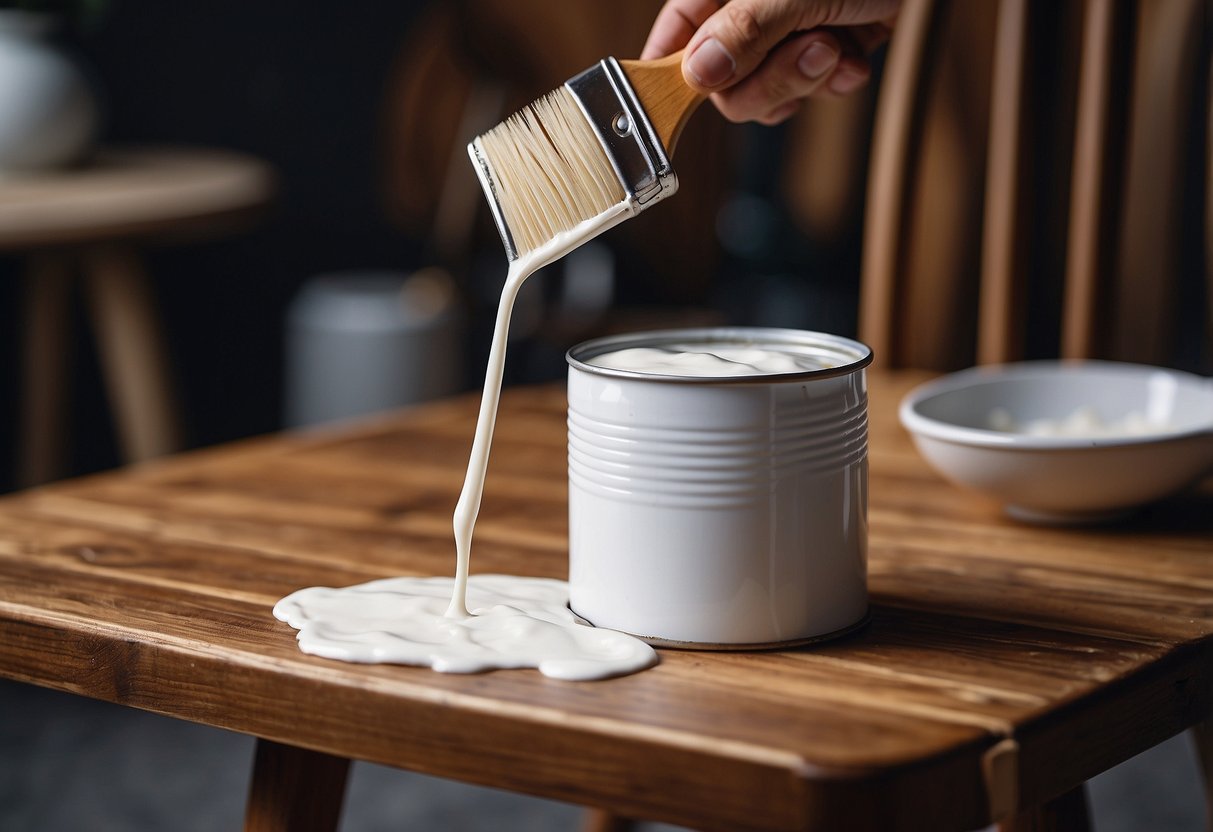 A can of white paint being poured onto a wooden chair with a paintbrush nearby