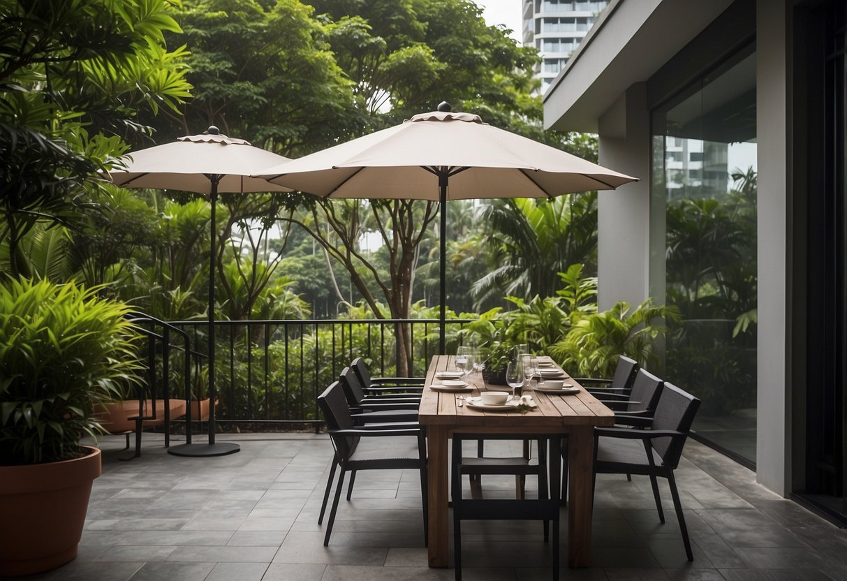 A cozy outdoor dining set in Singapore, with a sleek table and chairs, surrounded by lush greenery and under a canopy for shade