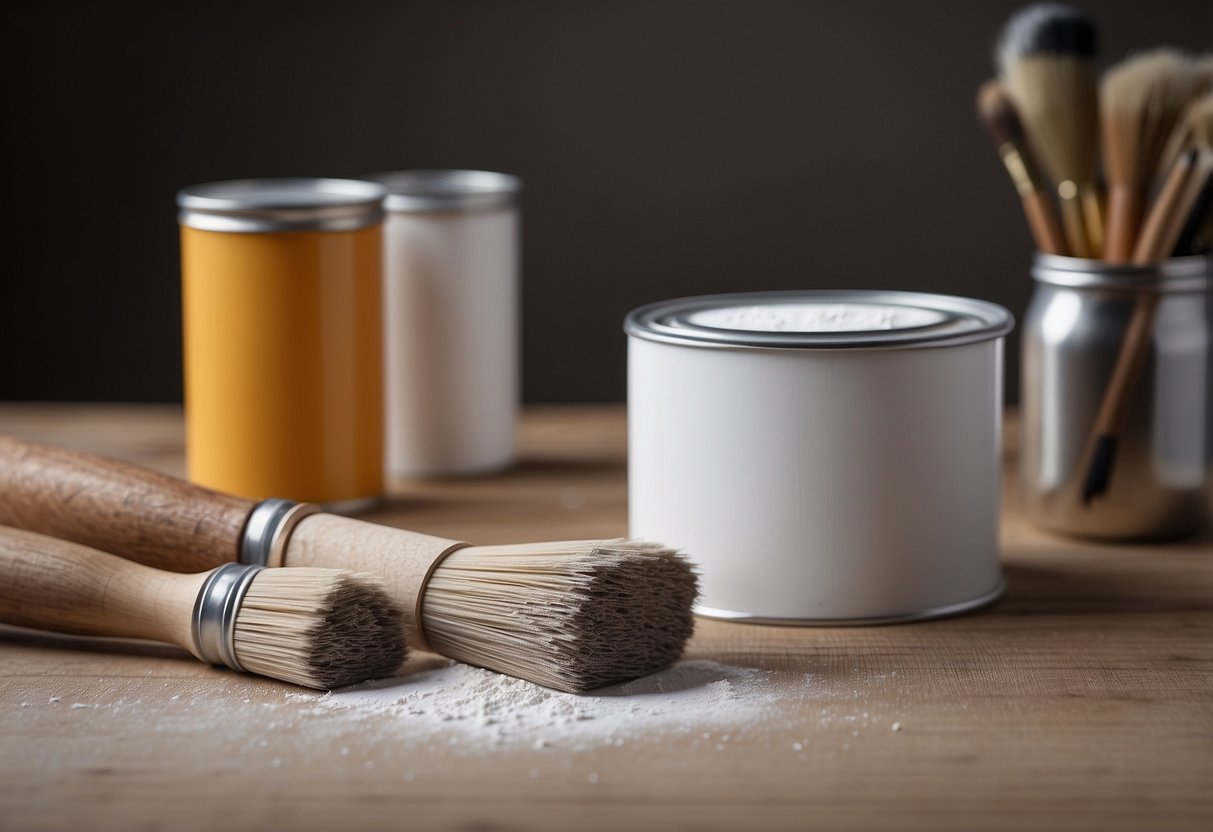 A table and chairs are covered in white paint, with brushes and cans nearby. Sandpaper and cloth lay ready for prep