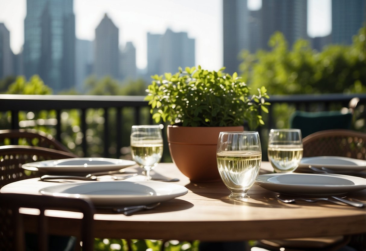 A sunny patio with a sleek dining set, surrounded by lush greenery and a city skyline in the background