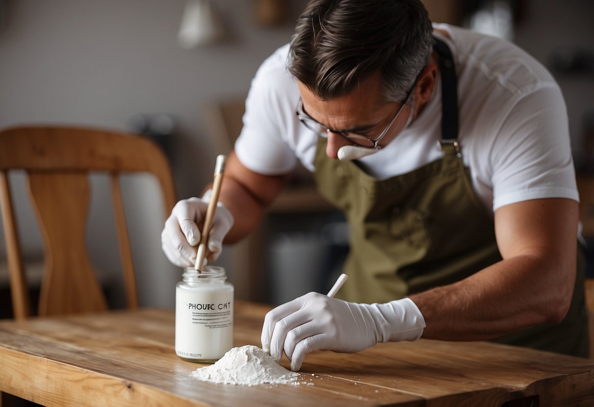 An artist applies white paint to a wooden chair, adding finishing touches for a smooth, even coat
