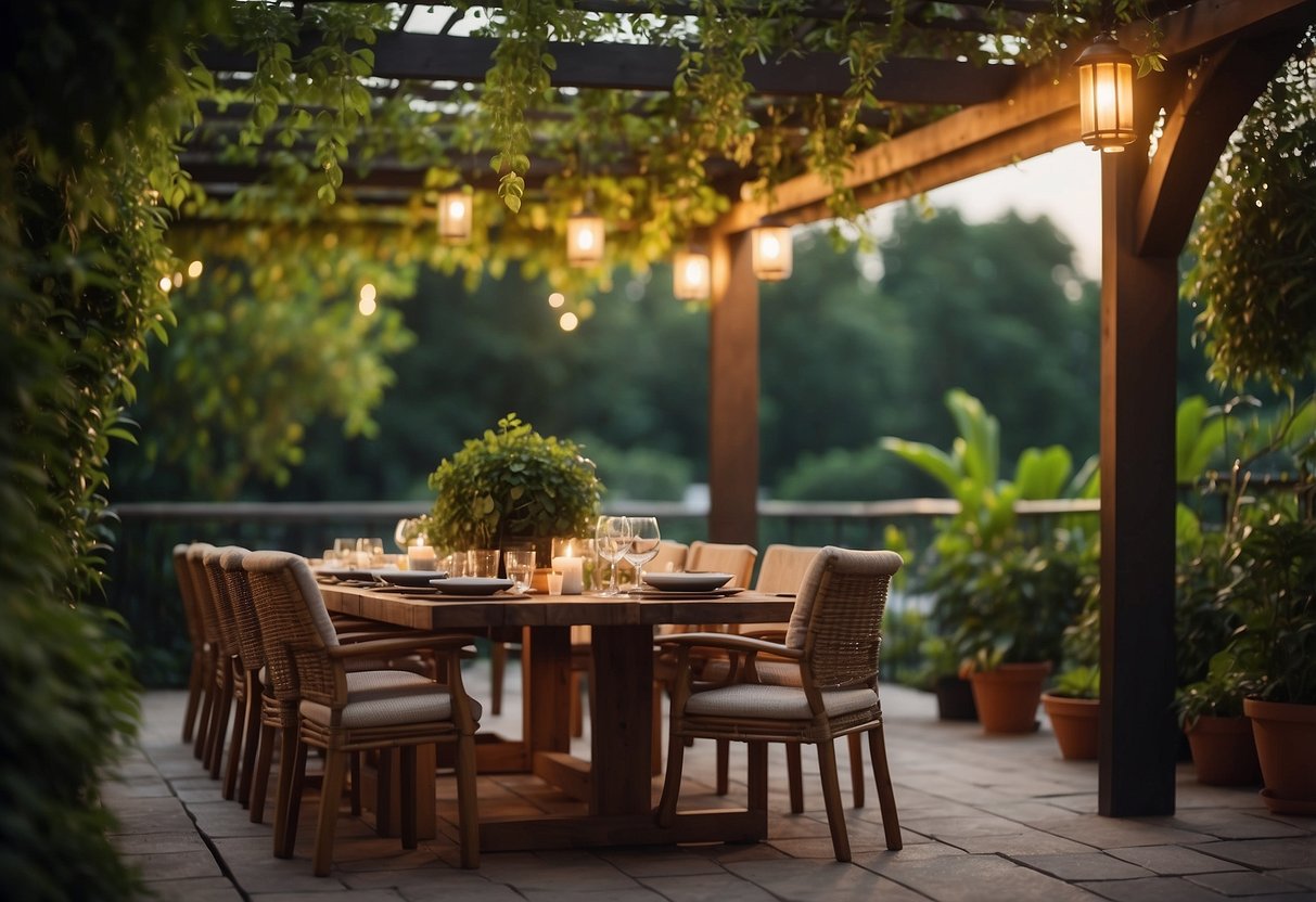 A cozy outdoor dining set under a pergola, surrounded by lush greenery and soft ambient lighting, creating a serene and inviting atmosphere