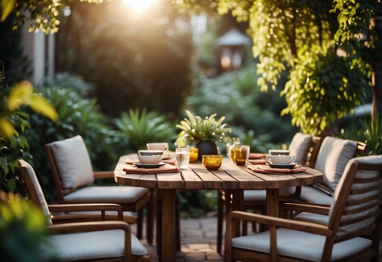 A cozy outdoor dining set in a lush garden setting with a table, chairs, and colorful cushions, surrounded by greenery and soft ambient lighting