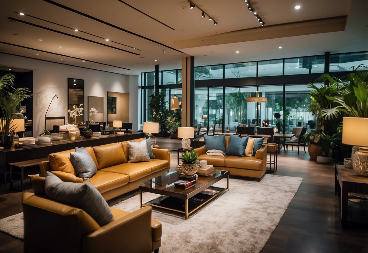 A bustling furniture showroom in Singapore with modern and traditional pieces displayed. Bright lighting and sleek decor create an inviting atmosphere for shoppers