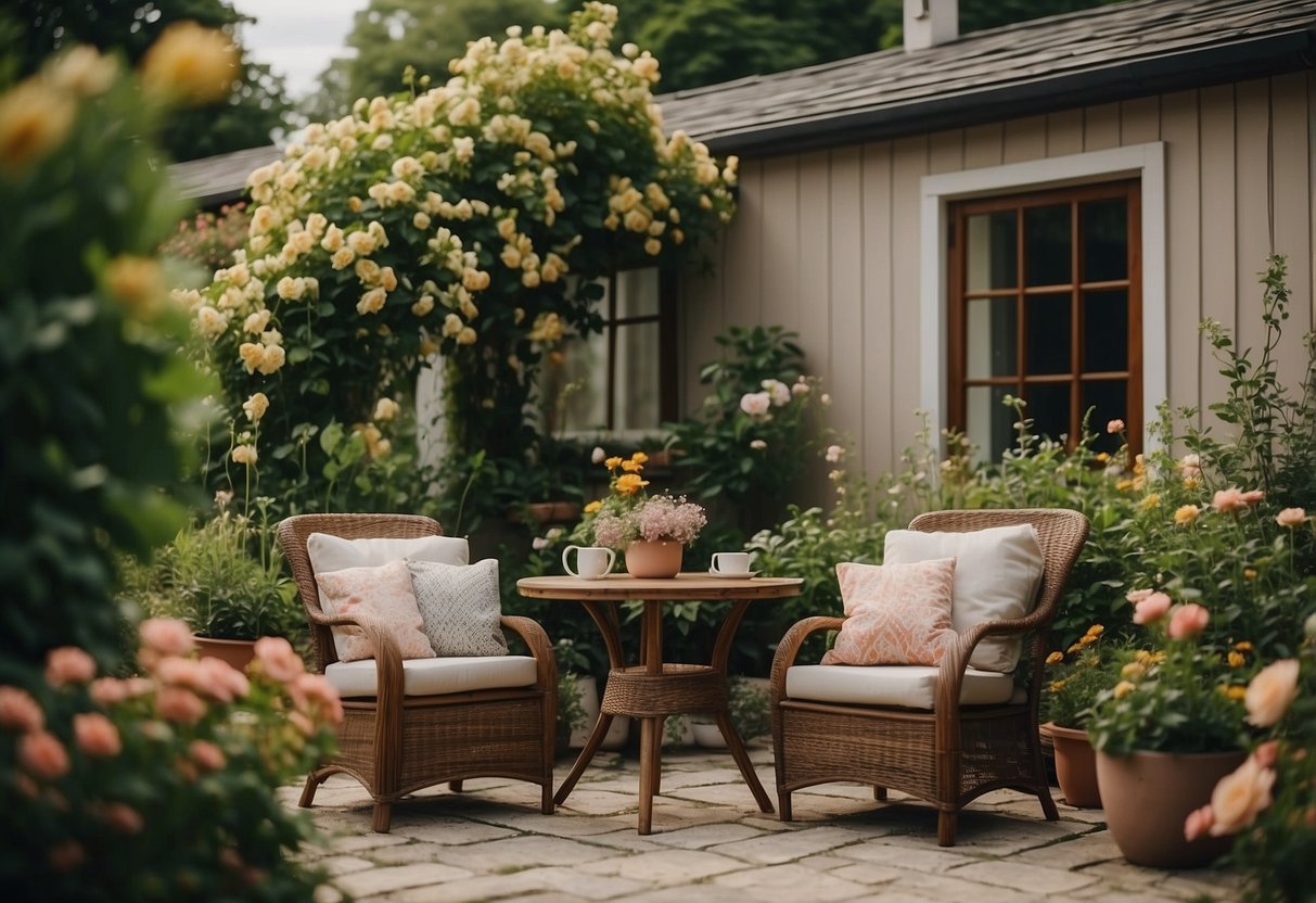 A cozy backyard with a wooden table and chairs, surrounded by lush greenery and blooming flowers. The furniture shows signs of wear but exudes a sense of comfort and relaxation