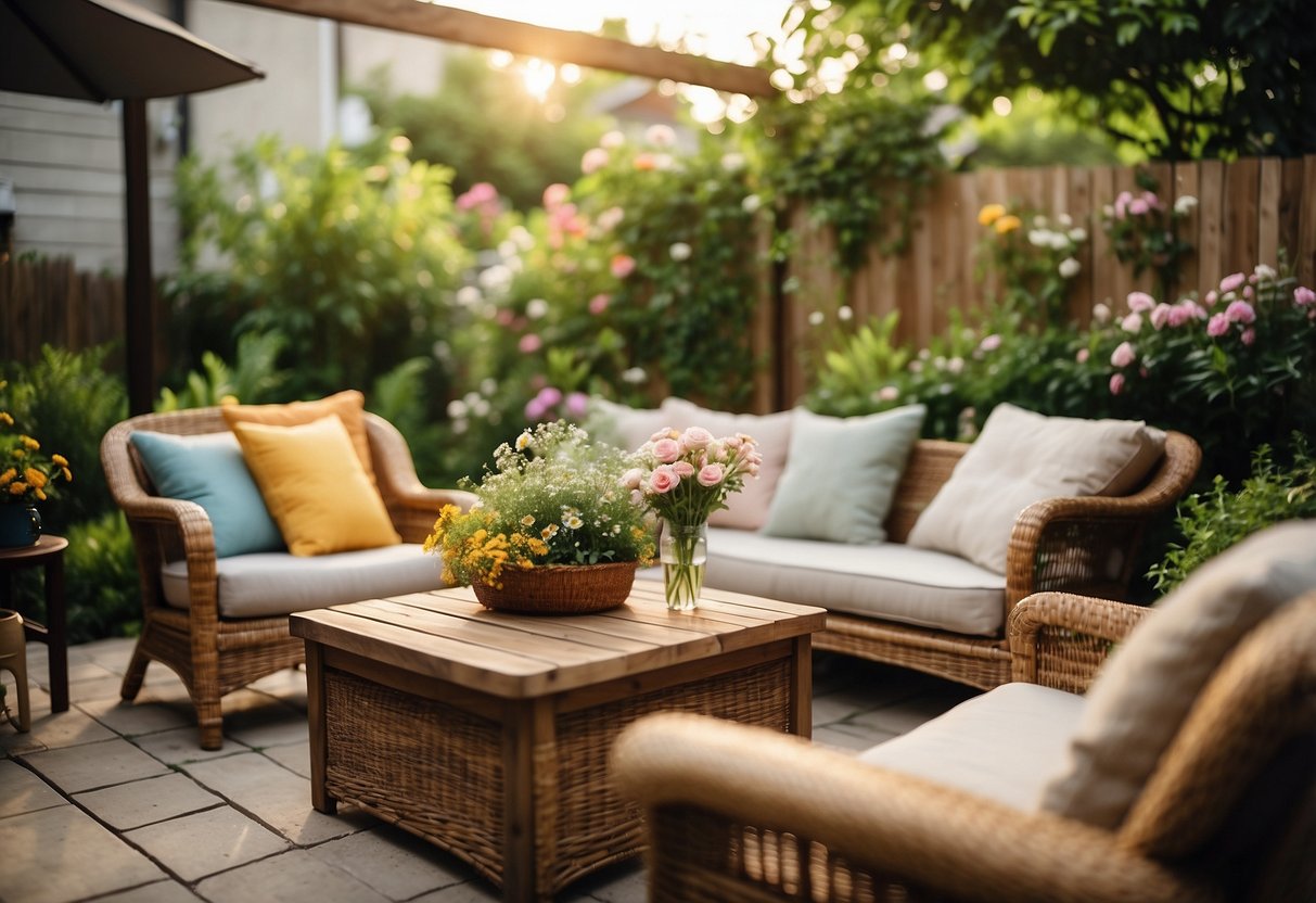 A cozy backyard with a variety of preloved outdoor furniture, including a wooden table and chairs, a wicker sofa, and colorful cushions, surrounded by lush greenery and blooming flowers