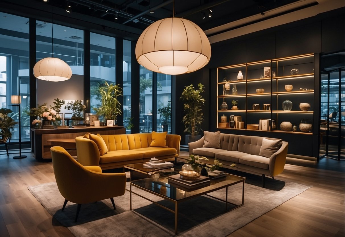 A modern furniture store in Singapore, filled with sleek designs and a wide range of selections. Bright lighting highlights the stylish displays