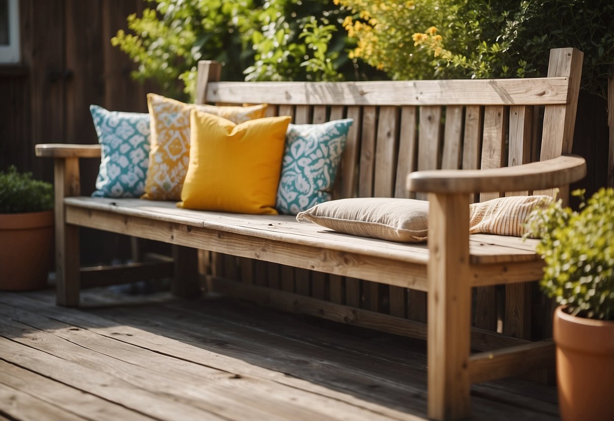 A sunny backyard with a cozy seating area, adorned with preloved outdoor furniture. A colorful throw pillow adds a pop of color to the weathered wooden bench