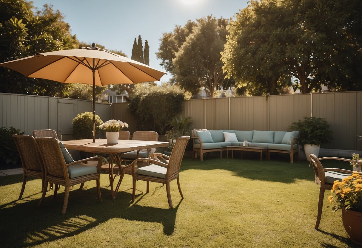 A sunny backyard with a variety of preloved outdoor furniture, including tables, chairs, and umbrellas. A sign with "Frequently Asked Questions" displayed prominently