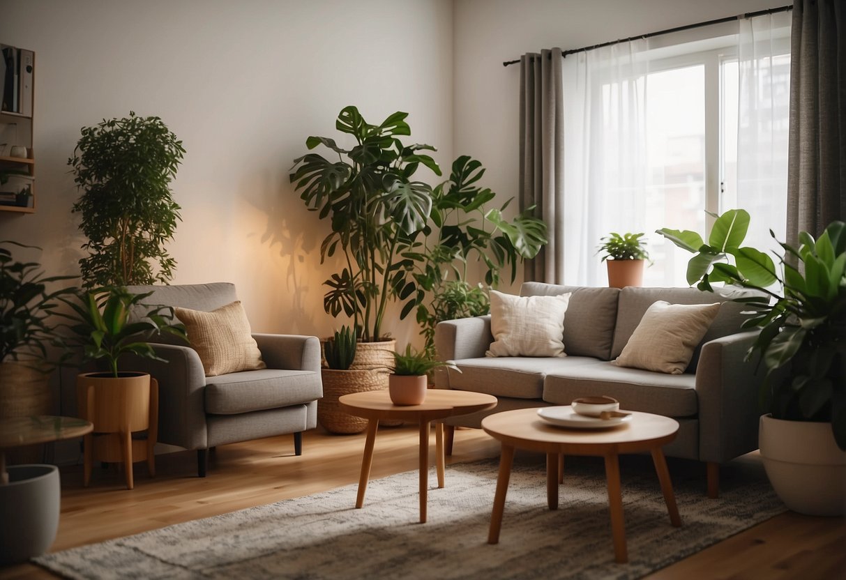 Refurbished wood furniture arranged in a cozy living room with soft lighting and potted plants
