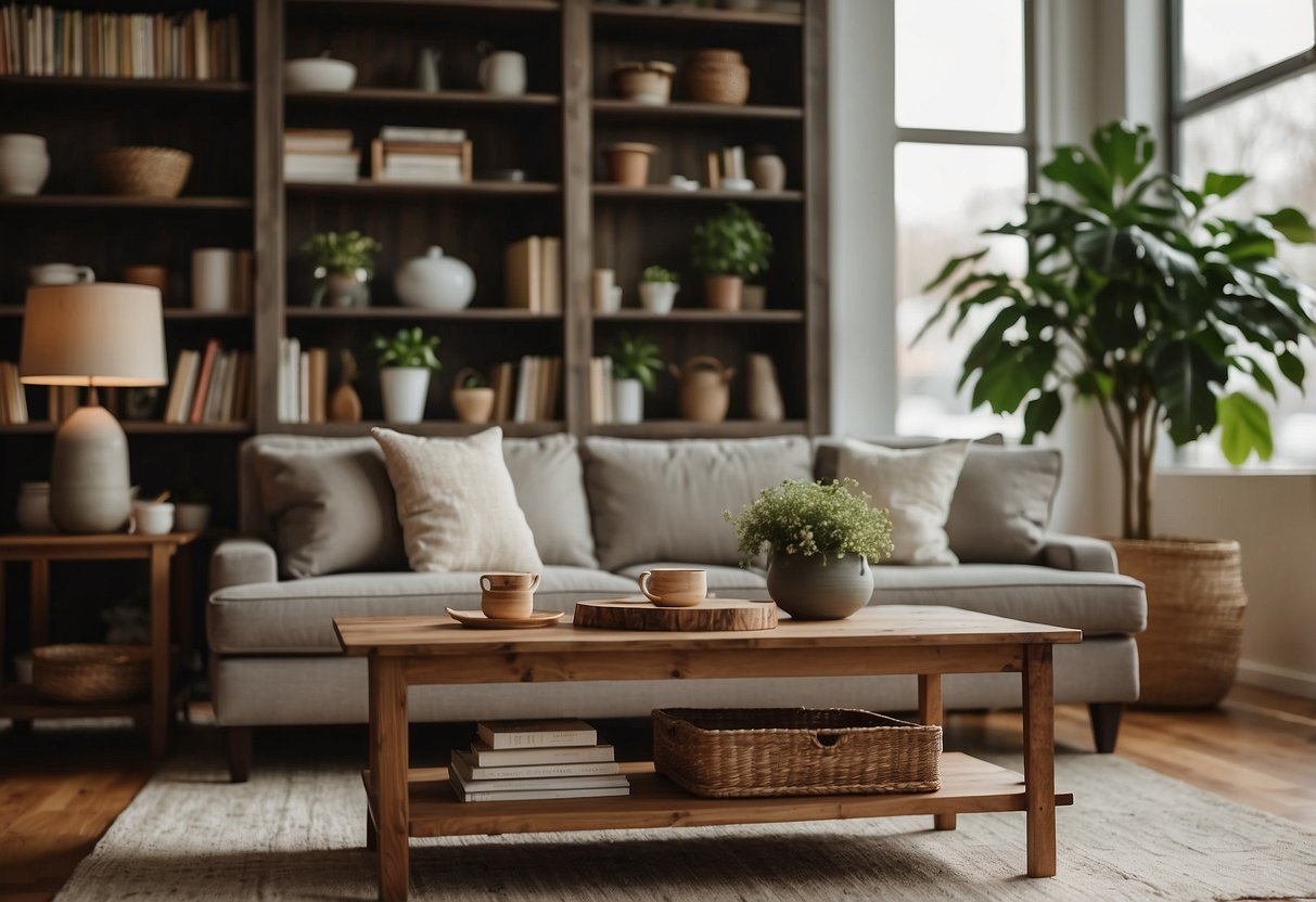 A cozy living room with a refurbished wood coffee table, matching side tables, and a bookshelf. The warm tones and natural textures create a charming and inviting atmosphere
