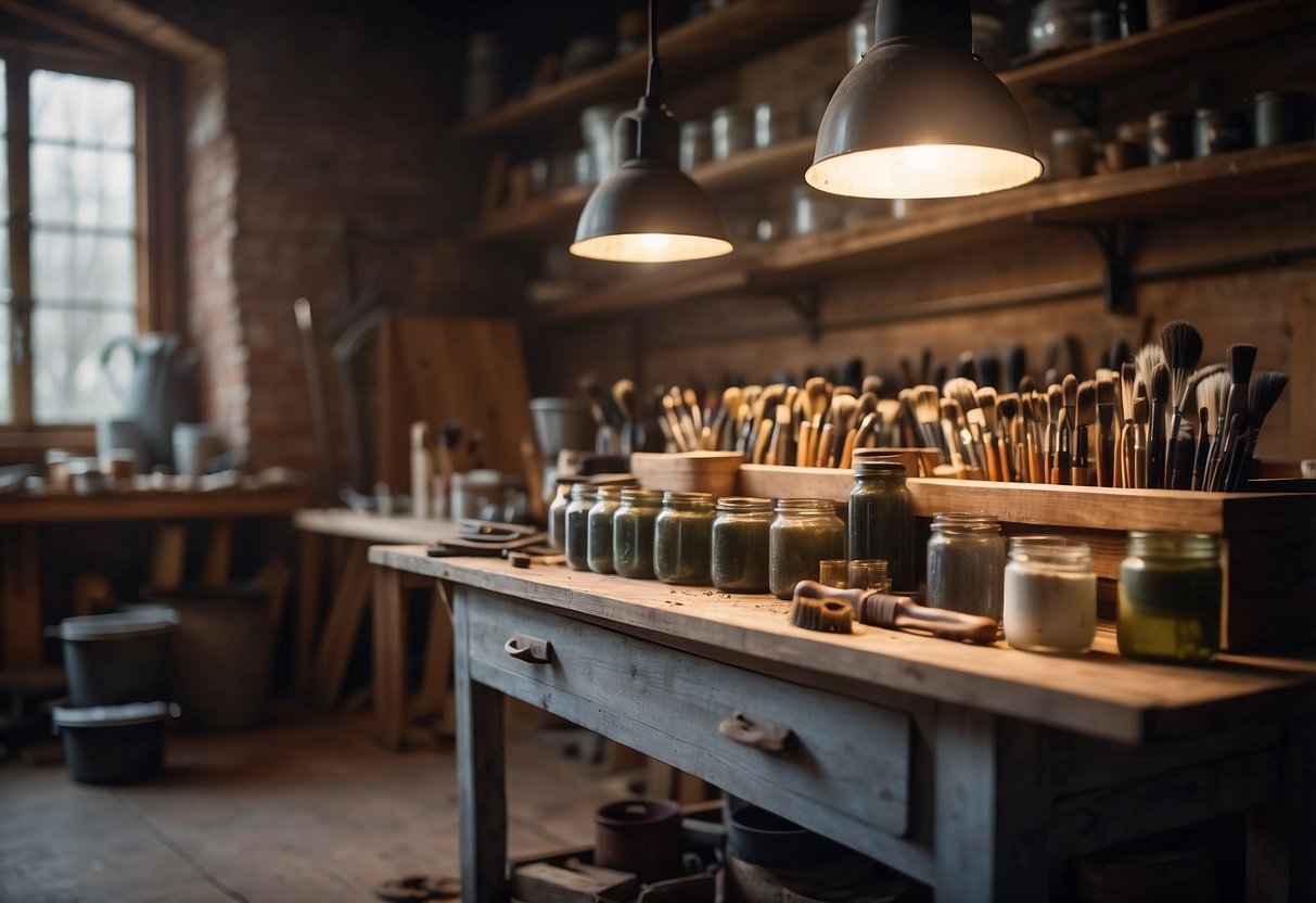 A cozy workshop with tools and materials for refurbishing wood furniture. A workbench holds a worn chair in progress, surrounded by jars of paint and brushes