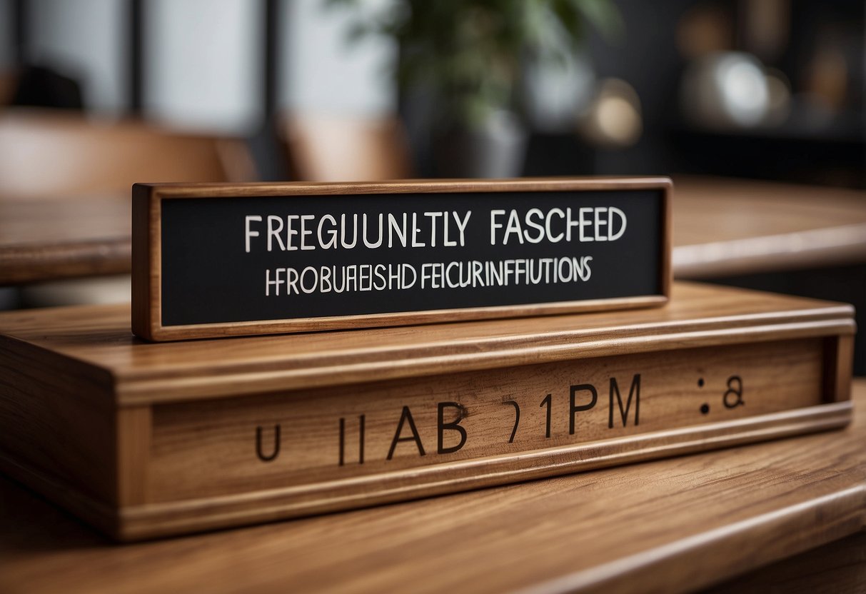 A stack of refurbished wood furniture with a "Frequently Asked Questions" sign displayed prominently