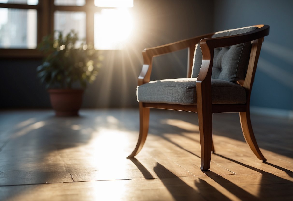 Wooden chair legs stand on a polished floor, casting long shadows in the afternoon light. A plush sofa sits atop metal feet, reflecting the room's elegant decor