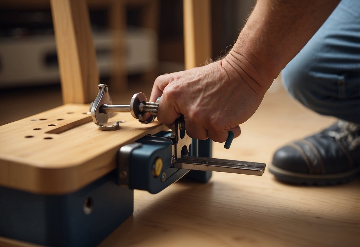 A person selects and attaches furniture feet to a chair, using a screwdriver and measuring tape